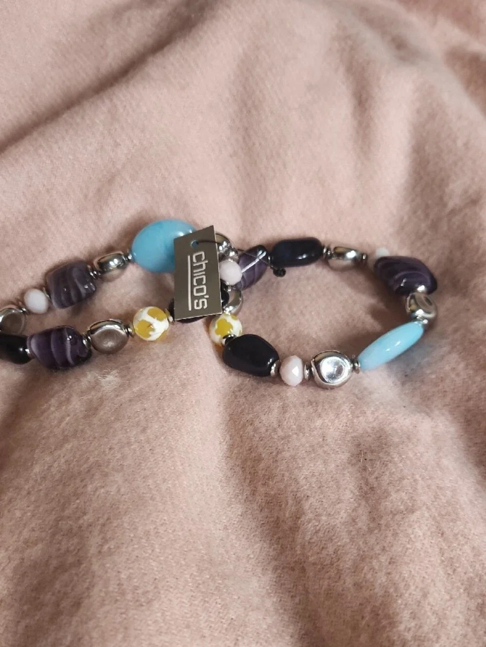 Chico's Blue, Black, Purple and Yellow Beaded Stretch Bracelet